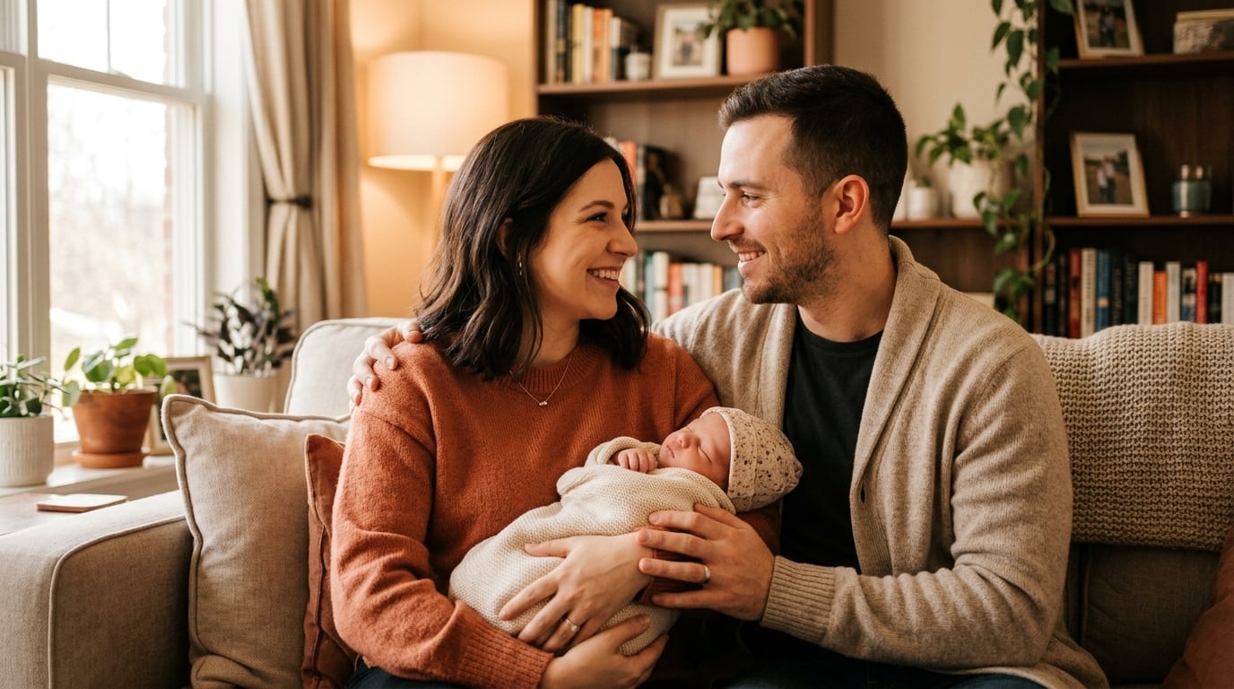 Happy couple reconnecting after having a baby